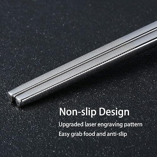Stainless Steel Chopsticks Titanium Plated Metal Chopsticks Reusable Dishwasher safe Premium Japanese Korean Chopstick Laser Engraved Anti-slip Chop Sticks for Eating 2 Pairs Gift Set Black Silver thumbnail 3