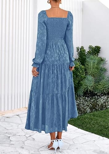 PRETTYGARDEN Fall Wedding Guest Dresses for Women 2025 Floral Long Sleeve Smocked Tiered Elegant Long Flowy Boho Dress thumbnail 6