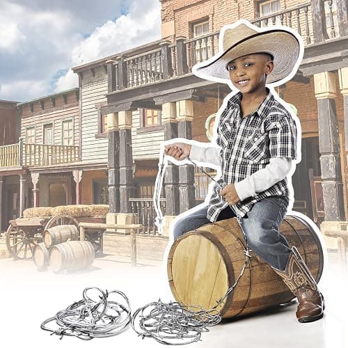 Taiyin 4 Pcs 32.8 Foot Faux Barbed Wire, Silver Plastic Prop Decor | Fake Barbed Wire for Halloween Zombie Horror Party, Western Cowboy Birthday Wreath Ornaments, Realistic Prop Decor thumbnail 3