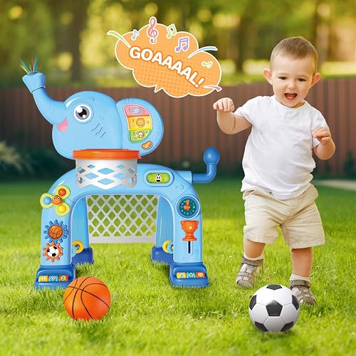SpringFlower Toddler Basketball Hoop & Soccer Goal Activity Center Toys with Light & Music,Elephant Toddlers Musical Toys Gift, Baby & Toddlers Christmas Birthday Gift for 1 2 3 Year Old Boys & Girls - Blue thumbnail 2