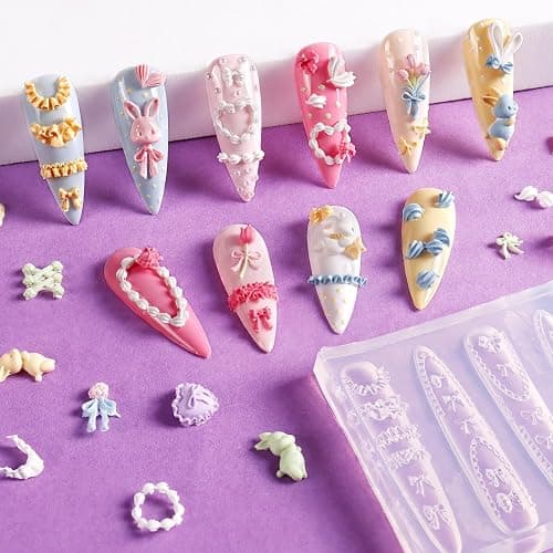 Laza 4pcs Cream Chain Silicone Nail Art Molds Multiple Rabbit Nail Molds | Reusable Nail Molds for Nail Art,Good Elasticity,3D Nail Mold, Embossed Cream Chain Bowknot Rabbit Molds with Scraper & Pen thumbnail 4