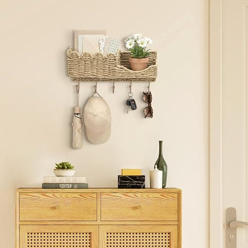 YINGXUN Hook-Woven Wicker Key Holder and Mail Organizer | Natural Paper Rattan Scalloped Wave Design Decorative Wall Mount for Entryway, Living Room, Hallway thumbnail 7