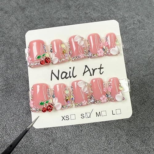 Duck Press on Nails Duck Handmade Press on Nails 3D Luxury Rhinestone Cherry and Pearl Acrylic Fake Nails Designs Flower Stick on Nails Full Cover Thickened False Nails for Women Nail Art DIY（M) thumbnail 2