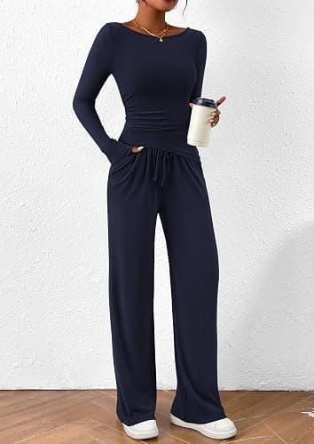 PRETTYGARDEN Women's 2 Piece Lounge Sets Asymmetrical Long Sleeve T Shirt Wide Leg Pants Fall Casual Outfits Tracksuit thumbnail 4