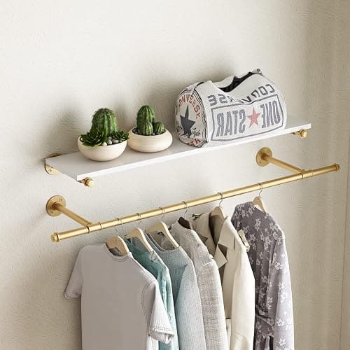 HOMEKAYT Industrial Pipe Clothing Rack Wall Mounted Garment Rack with 3-Tier Wooden Shelf Vintage Hanging Rack for Bedroom, Living Room - Gold thumbnail 6