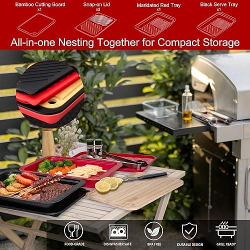 GAYIMEI Deep Grill Carry System with Lids, Cutting Board, Tong, Gift Ready BBQ Carry Tray for Prepping, Marinating and Serving, Diswasher Safe, Nesting Platters Black in Red thumbnail 2