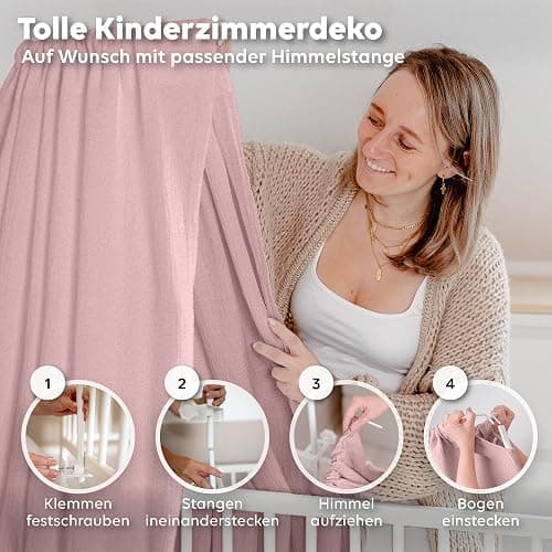 lilimaus Betthimmel Babybett [in 12 Farben] Himmel Babybett aus 100% Baumwolle Musselin - Betthimmel Mädchen & Jungen - Himmelbett Vorhänge als Kinderzimmer & Babyzimmer Deko - Baby Bett Vorhang - Puderrosa - ohne Himmelstange thumbnail 4