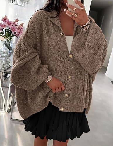 PRETTYGARDEN Women's Winter Button Down Cardigan Sweaters Mock Neck Lantern Long Sleeve Chunky Knit Jacket Trendy Outerwear thumbnail 3