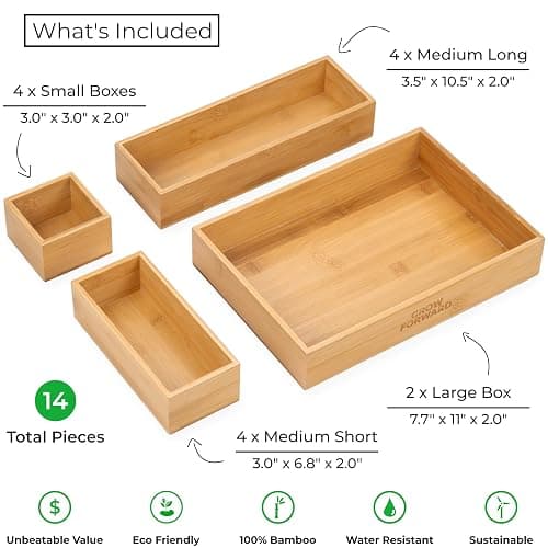 Grow Forward Bamboo Drawer Organizer Boxes - Set of 14 Wooden Drawer Organizers for Kitchen, Bathroom, Office, Desk, Vanity, Makeup - Non-Slip Junk Drawer Organizer Trays for Storage and Organization thumbnail 4