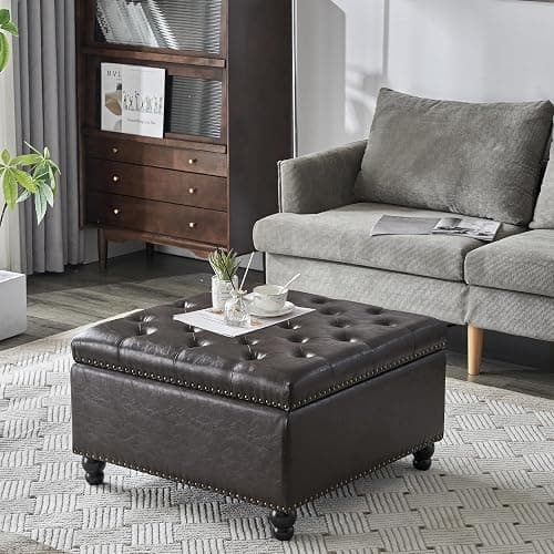Polarisys Square Storage Ottoman Bench Ottoman Coffee Table Bench Oversized Coffee Table Ottoman Bench with Storage for Living Room, Brown thumbnail 3