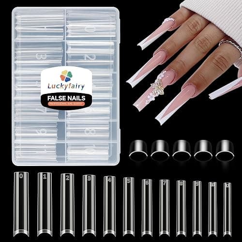 Luckyfairy 3XL No C Curve Square Acrylic Nail Tips, 120pcs Extra Long Straight Tapered Acrylic Gel Fake Nails, Matte Half Cover Clear Gelly Press on for Extension Manicure Home DIY 12 Sizes Gelly Tips - Image 1