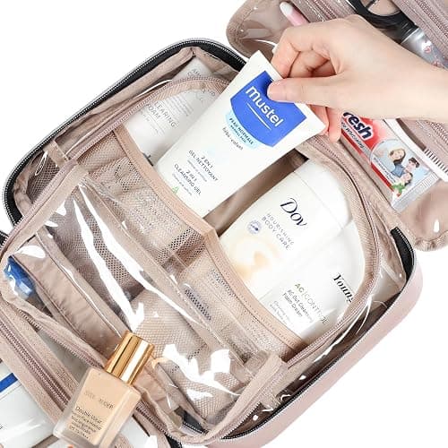 NISHEL Travel Toiletry Bag for women, Portable Hanging Organizer for Travel-Sized Shampoo, Conditioner, Brushes Set, makeup Accessories, Medium Size, Pink - Medium - Pink thumbnail 5