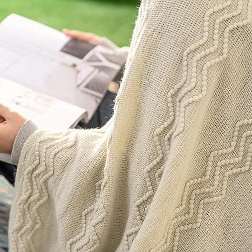 MIULEE Knitted Beige Throw Blanket Soft Sofa Knit Blanket for Couch 50 x 60 Inches, Solid Cozy Lightweight Wave Pattern Decorative Blankets with Tassels for Women, Kids thumbnail 7
