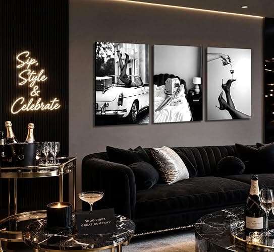 Set of 3 Framed Stylish Women Reading Newspaper Before Bed Wall Art, High Heels Vintage Car Posters, Feminist Black And White Vintage Canvas Prints pictures ， Home living room wall decoration bar cart thumbnail 2