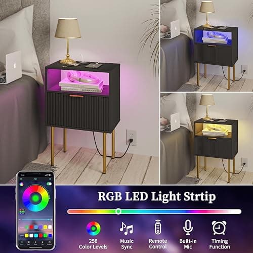 Modern Nightstand with Charging Station and LED Lights, Black Nightstand with Drawer, Fluted Nightstand for Living Room, Bedroom thumbnail 4