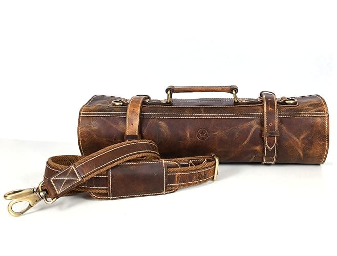 Aaron Leather Goods Vendimia Estilo Leather Knife Roll Storage Bag, Elastic and Expandable 10 Pockets, Adjustable/Detachable Shoulder Strap, Travel-Friendly Chef Knife Case Roll (Caramel, Leather) thumbnail 7