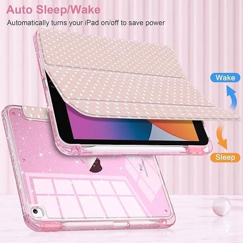 MEEgoodo Case for iPad 10.2 inch(9th Generation 2021/8th Gen 2020/7th Gen 2019), Glitter Tablet Cases with Transparent Acrylic Back+Trifold Stand+Pencil Holder+Auto Wake/Sleep,Blush Pink & Polka Dots thumbnail 4