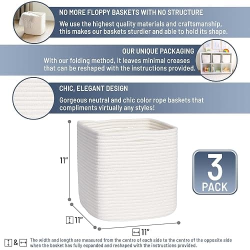 NaturalCozy Storage Cubes 11 Inch Cotton Rope Woven Baskets for Organizing, 3-Pack | Cube Storage Bin | Square Storage Baskets for Shelves Organizer, Classroom, Kids Toy Bins, Closet, Baby Nursery thumbnail 3