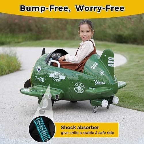TOBBI Electric Car for Kids Ride On Airplane Toy w/Bombing Sound and Music | Battery Powered 12V Kids' Electric Vehicle Rideable Airplane with Remote Control for Toddlers Ages 3+ Years, Green thumbnail 3