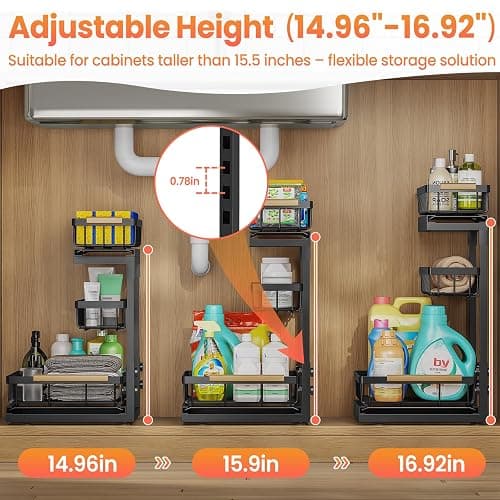 Under Sink Organizer and Storage for Bathroom and Kitchen - 2 Pack 3 Tier | Under Cabinet Pull Out Shelf Organizers - Slide Out Drawer Organization for Home Cabinets Shelves and Drawers thumbnail 6