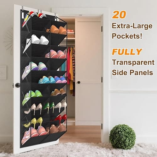 UVIAHOMI 20-30 Pairs Over the Door Shoe Organizer, Clear Pockets Hanging Shoe Storage for Closet, 10-Tier Door Shoes Rack, Handing Shoes Holder Fit All the Family's Sneakers, Boots, Heels, Black thumbnail 3