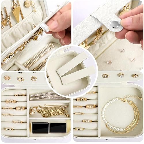 CNMTCCO Petite boîte à bijoux de voyage pour colliers, bagues, bracelets, boucles d'oreilles - Similicuir de qualité supérieure - Boîte cadeau pour filles et femmes (blanc) thumbnail 4