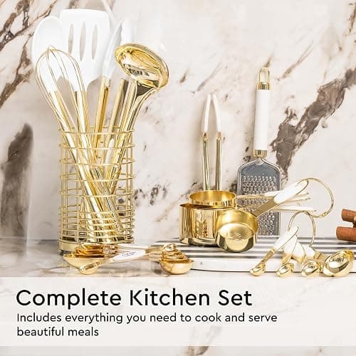 White and Gold Kitchen Utensils Set - 23-Piece Gold Kitchen Accessories Include Measuring Cups and Spoons Set, Silicone Utensils, and Utensil Holder for Baking, Cooking, and Stylish Kitchen Decor thumbnail 2