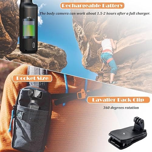 ZOMFOM 4K Body Camera with External Microphone, Mini Video & Audio Pocket Cam 270° Rotation Camera for Outdoor Sport, Bike, Travel, Police Law Enforcement, Personal Civilians, 64GB Included thumbnail 8