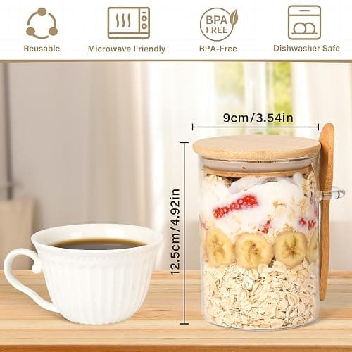 Overnight Oats Containers with Lids,4 Pack 18oz Overnight Oats Jars with Spoons,Salad Meal Prep Jar with Bamboo Lids for Chia Seed Pudding Salad Cereal Coffee Flour,Sourdough Starter Jar for Bread thumbnail 3