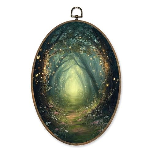 LKETW Vintage Fantasy Forest Oval Wall Art Decor, Rustic Nature Enchanted Forest Oval Canvas Hanging Decor, Mystical Cottagecore Wall Decorations for Home Bedroom Living Room, 8.6x11.4 Inch - Image 1