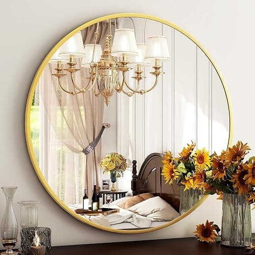 HARRITPURE Round Mirror 30 Gold Wall Mounted Circle Mirrors Vanity Mirror with Brushed Aluminum Alloy Frame Modern Decoration for Bathroom, Living Room, Vanity, Bedroom, Entryway thumbnail 3