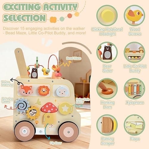 Pithfor Wooden Activity Cube Push Walker, Wooden Baby Walker, Montessori Toys for Babies 10-12 Months 1 2 3 Years Old Boys & Girls, Help Learning to Walk & Sit-to-Stand thumbnail 6