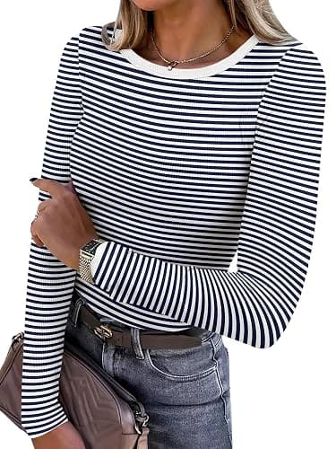 ANRABESS Women Long Sleeve Shirts Rib Knit Slim Fit Tops Basic Tee 2025 Fall Outfits Casual T-Shirt Underscrubs Layer Clothes - Image 1