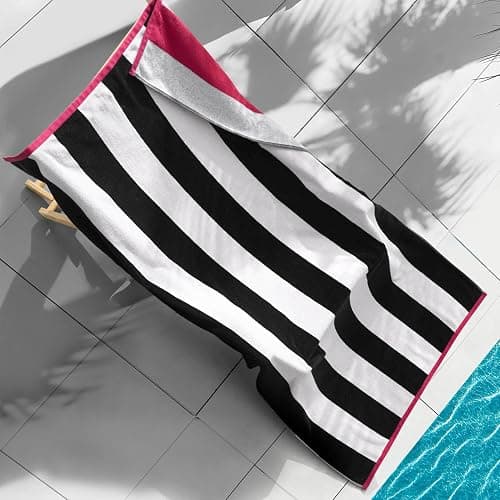 Juicy Couture Black/Hot Hot Pink/White Pink Reversible Cabana 36" x 72" 100% Cotton Oversized Beach Towel - Soft, Absorbent, and Quick-Drying, Perfect for Beach, Pool, or Travel - Image 1