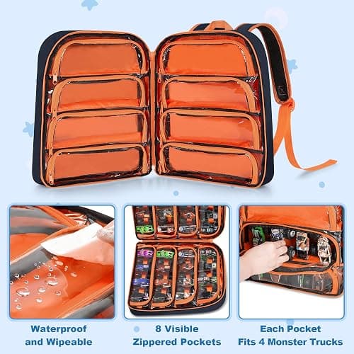 CURMIO Toy Cars Storage Backpack Compatible with Monster Jam Trucks/Hot Wheels 1:64 Scale Monster Trucks, Portable Carrying Case Bag with Front Pocket for Monster Truck, Dark Blue (Bag Only) thumbnail 3