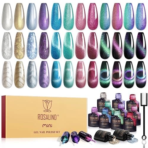 ROSALIND Cat Eye Gel Polish Set, 12 PCS Red Purple Blue Cateye Gel Polish | Swirl Shell Thread Holographic Sparkle Finish, Magnetic Cateye Effect with Magnet Stick, Soak Off UV LED Cured Gel Polish - Image 1