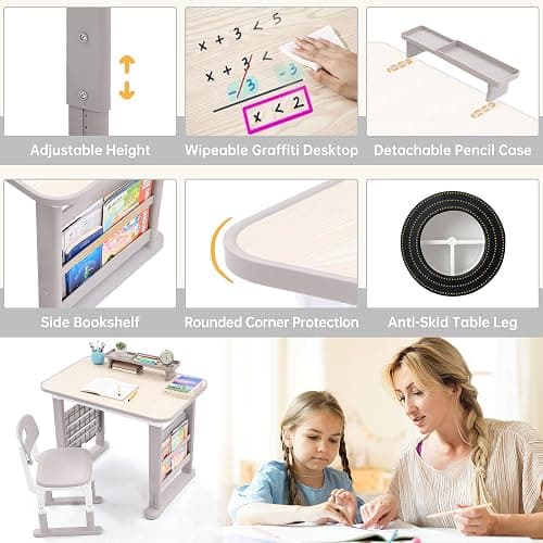 GITAWUSA Kids Desk and Chair Set, Height Adjustable Childrens Study Desk, Graffiti Table for 3-12 Years, Kids Art Table with Side Bookshelf and Storage, Multi-Functional for Bedroom & Study Room(Grey) thumbnail 5