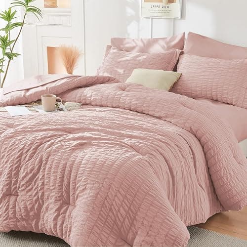 HYMOKEGE Rose Gold Queen Comforter Set, Seersucker Bed in a Bag Queen 7 Pieces, All Season Luxury Bedding Set with Comforters, Sheets, Pillowcases & Shams - Image 1