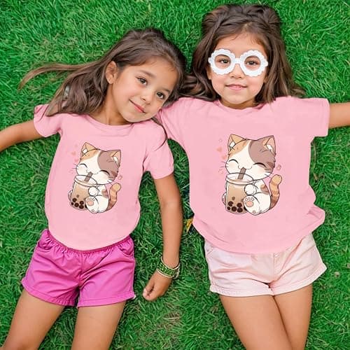KEEVICI Cute Cat Shirts for Girls Graphic Tees Bubble Tea Tshirt Kids Kawaii Cartoon Animal Print T Shirt Summer Cotton Tops thumbnail 3