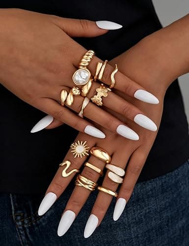 Shall Shell 15 Pcs Chunky Gold Rings for Women, Stackable Statement Rings Pack, Gold Baroque Pearl Rings Open Adjustable Stacking Knuckles Rings Set, Trendy Stuff Jewelry Gift thumbnail 5