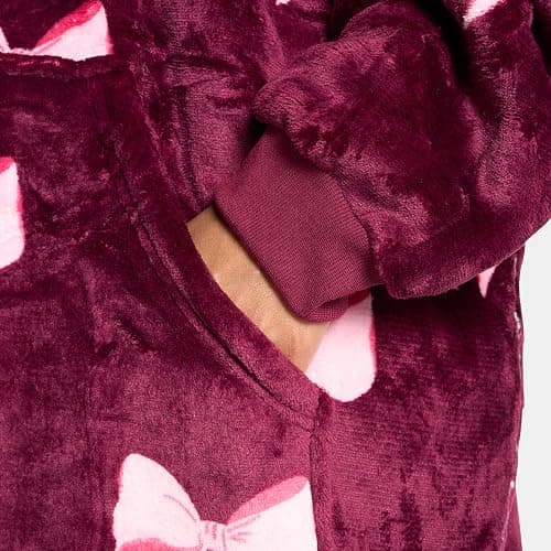 OHS Blanket Hoodie Women Bow Print, Mothers Day Gifts Super Soft Sherpa Fleece Warm Comfy Cosy Oversized Wearable Blanket Sweatshirt Big Pocket for Adults Women Girls, Burgundy/Pink thumbnail 3