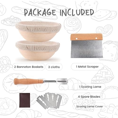 DOYOLLA Proofing Baskets for Sourdough Bread Making, Dough Proofing Bowls Kit with Cloth Liner + Scoring Lame + Scraper for Professional & Home Sourdough Bakers (Round,8.5 inch,Set of 2) thumbnail 6