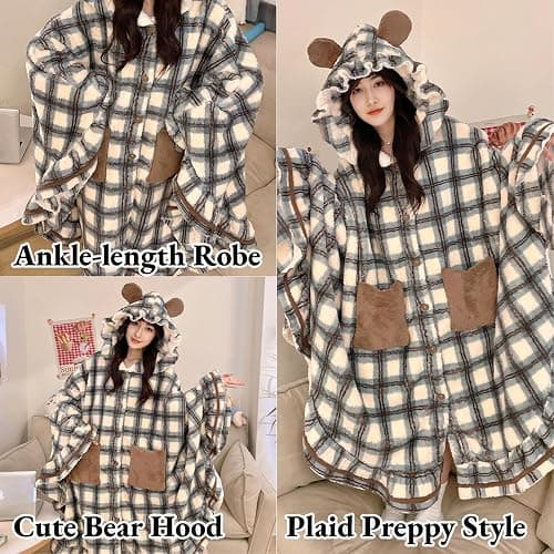 Neglance Plaid Hooded Cloak Plush Pajamas Robe Cute fuzzy Women's Winter Fleece Bathrobe with Pockets kawaii Loungewear thumbnail 4