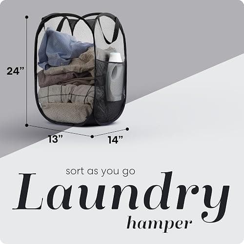 Handy Laundry Collapsible Mesh Pop Up Hamper with Wide Opening and Side Pocket - Breathable, Sturdy, Foldable, and Space-Saving Design for Clothes and Storage (Black) thumbnail 2