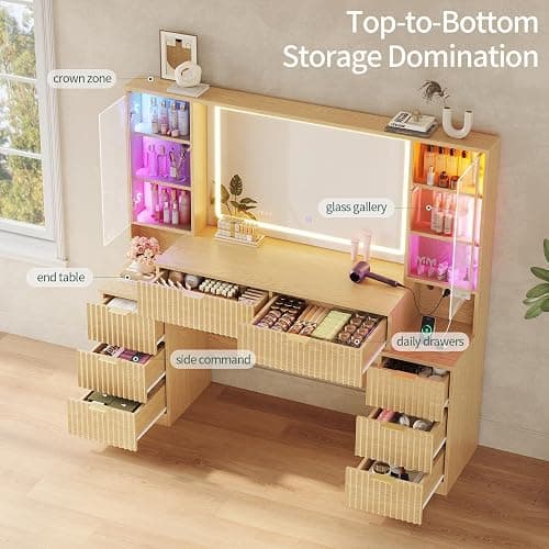 HAUOMS Big Vanity Desk, Fluted Makeup Vanity with Mirror Lights, Dressing Table (Oak, 59.1" Width) thumbnail 6