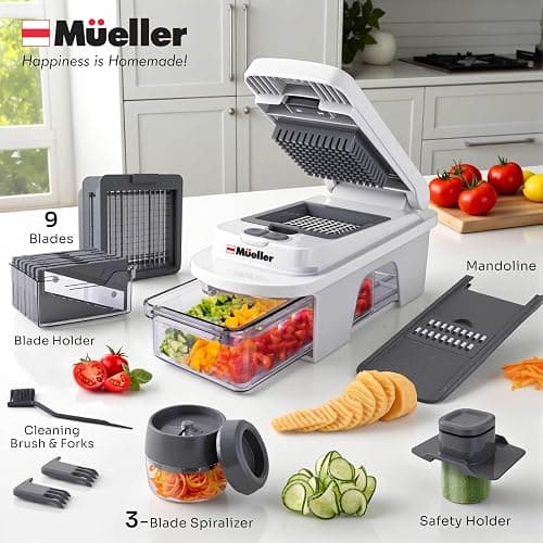 Mueller Pro-Series All-in-One, 12 Blade Mandoline Slicer for Kitchen, Food Chopper, Vegetable Slicer and Spiralizer, Cutter, Dicer, Grater, Kitchen Gadgets Sets with Container, White Sand/Gray thumbnail 6
