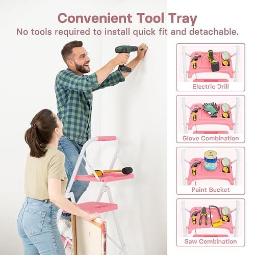BONTEC 4-Step Ladder, Folding Step Stool, 600lbs Max Load, Pink | Tool Tray, Anti-Slip Pedals, Sturdy Steel, Lightweight Portable Design with Handrail for Home & Work Use thumbnail 4