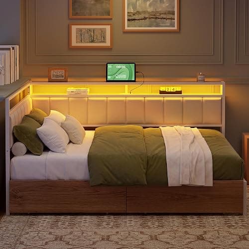 LIKIMIO Full Corner Bed Frame with Storage Drawers, LED, Charging, White | Smart LED & Charging Station, Ample Underbed Storage, Space-Saving Corner Design thumbnail 4