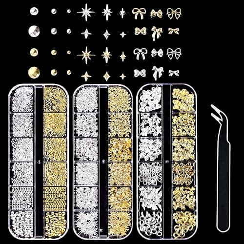 3D Nail Charms, VEGCOO 3 Boxes Gold Silver Nail Stuff Nail Gems Rhinestones Charms with Tweezers, Assorted Styles Bows Stars Pearls Nail Art Charms for Women Girls Nail Art DIY Accessories - Image 1