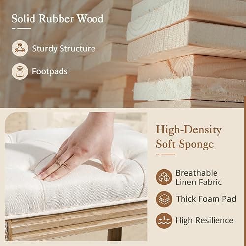 LUE BONA Upholstered Fabric Vanity Bench Seat, Makeup Stools for Vanity, Square Tufted Ottoman Bench with Carved Wood Color Legs for Bedroom Living Room, Beige thumbnail 5